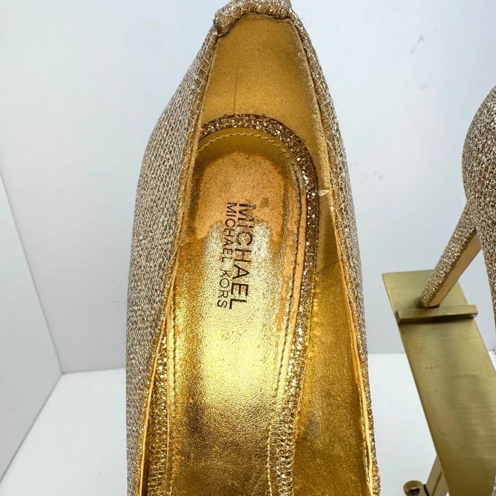 Michael Kors Gold Glitter Peep Toe Platform Pumps Stiletto Heels‎ Womens 9M